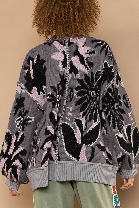 Berber Fleece Floral Print Open Front Cardigan In Charcoal