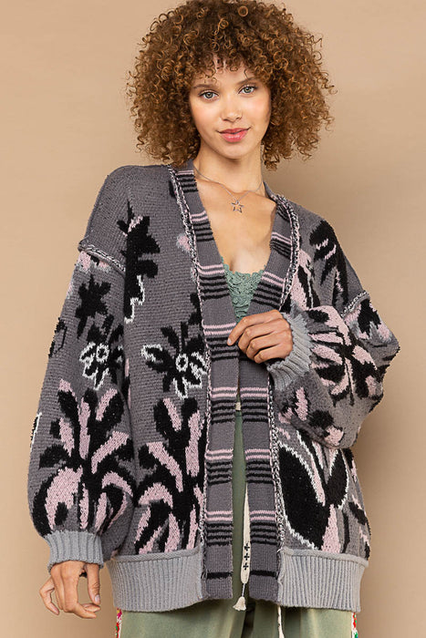 Berber Fleece Floral Print Open Front Cardigan In Charcoal