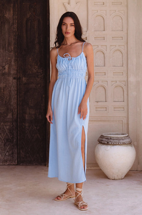 Eleanore Handcrafted Linen Midi Summer Dress - Ciel