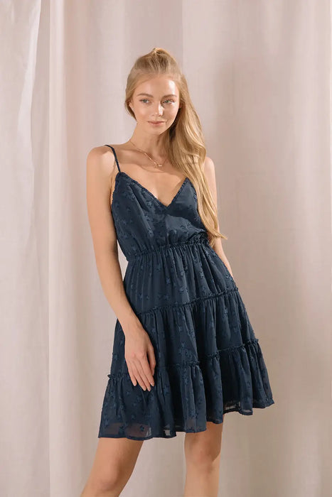 BD1982- Monochromatic Star Embroidered Dress In Navy Blue