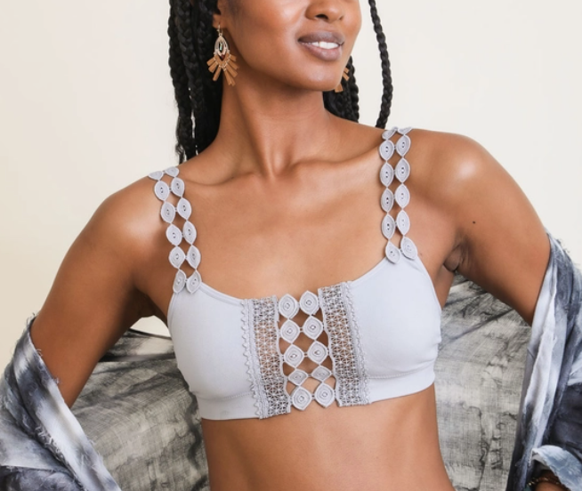 Gray Boho Eye Lace Applique Bralette