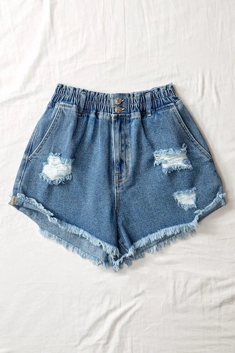 Distressed Elastic Waist Cut Off Shorts