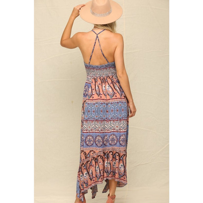 Open Back Criss Cross Patchwork Print Maxi Dress In Mauve