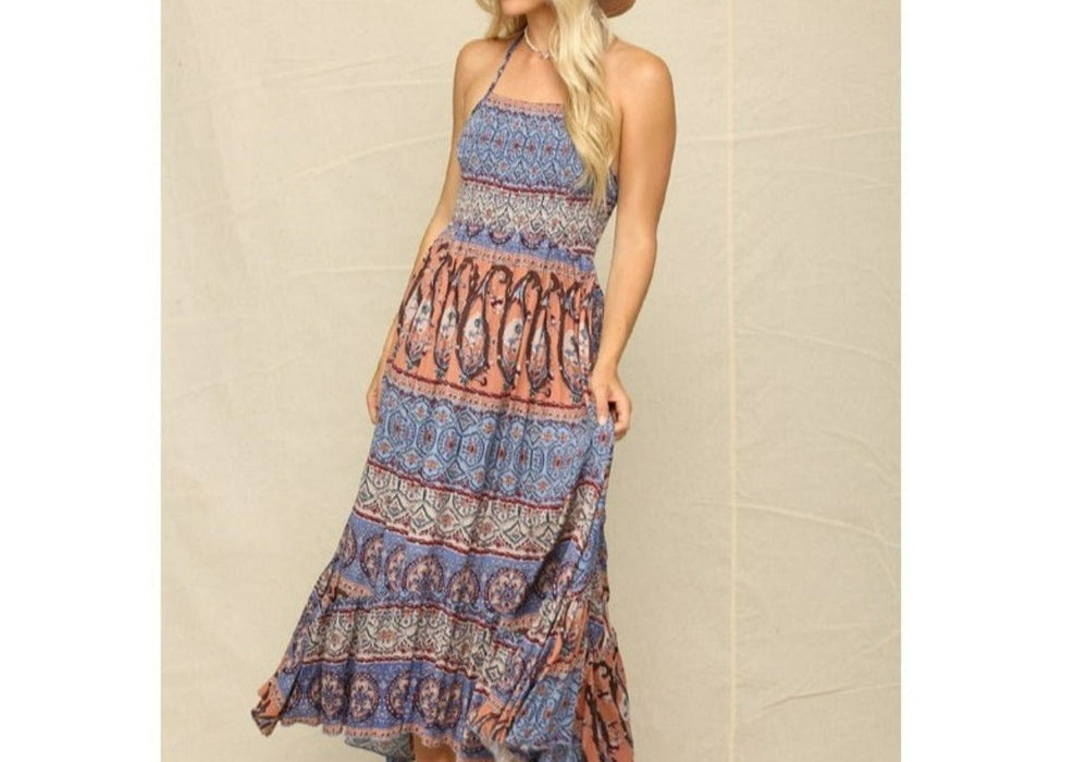 Open Back Criss Cross Patchwork Print Maxi Dress In Mauve