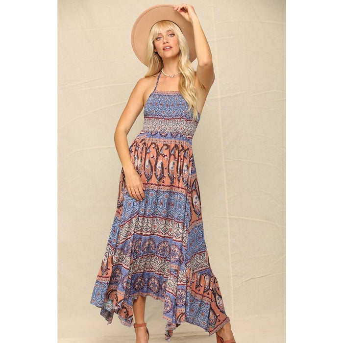 Open Back Criss Cross Patchwork Print Maxi Dress In Mauve